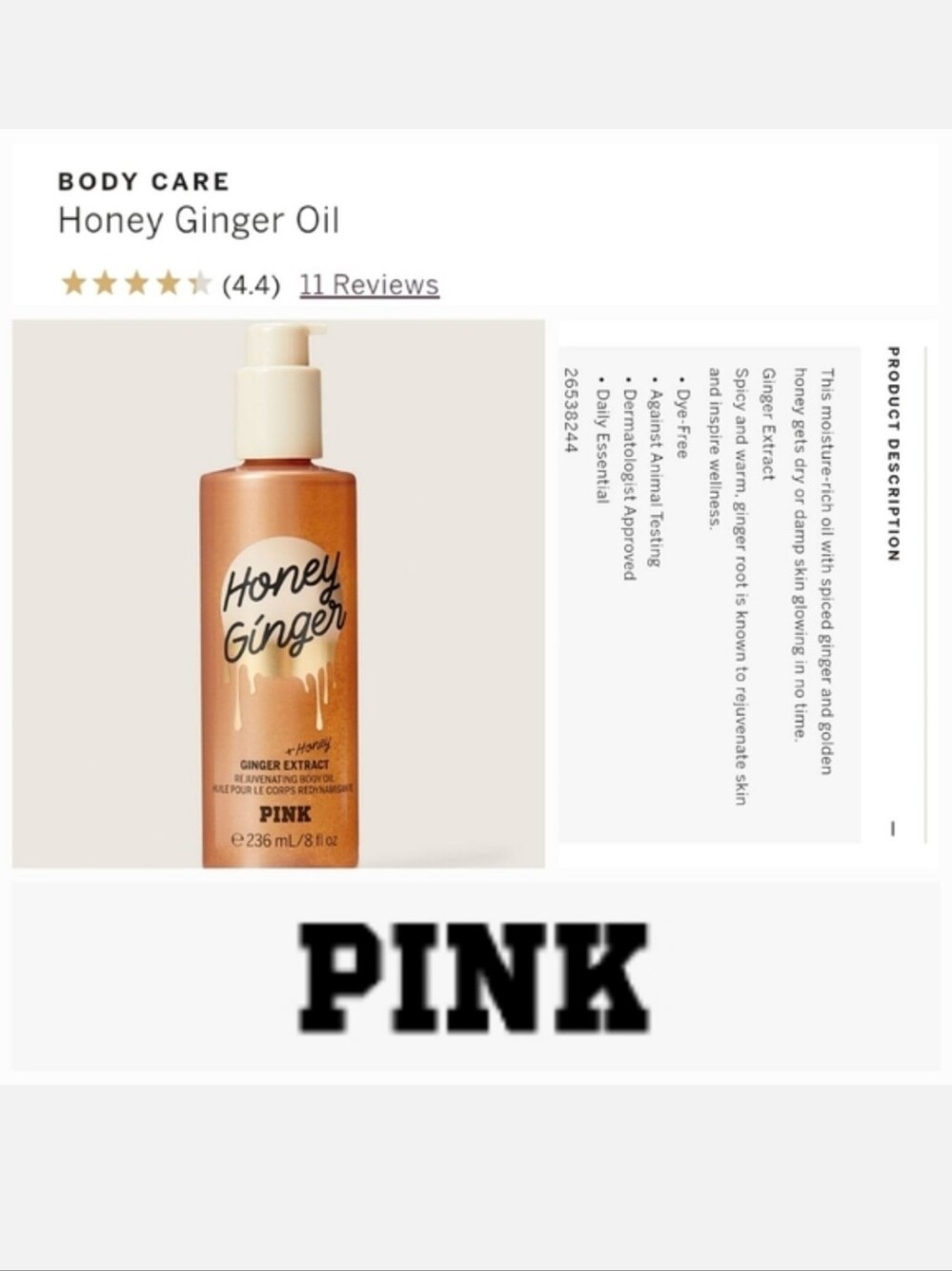 Victoria's secret pink honey ginger body oil moisturizer LIMITED EDITION